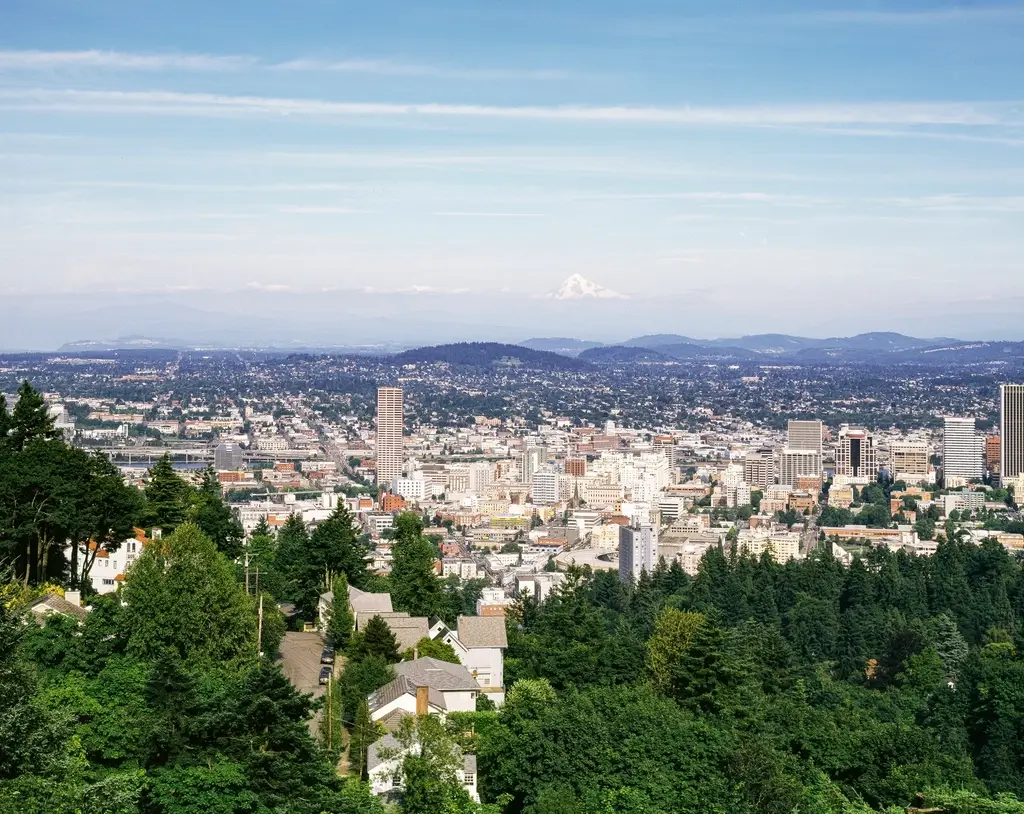 Portland, Oregon skyline beneath Mount Hood